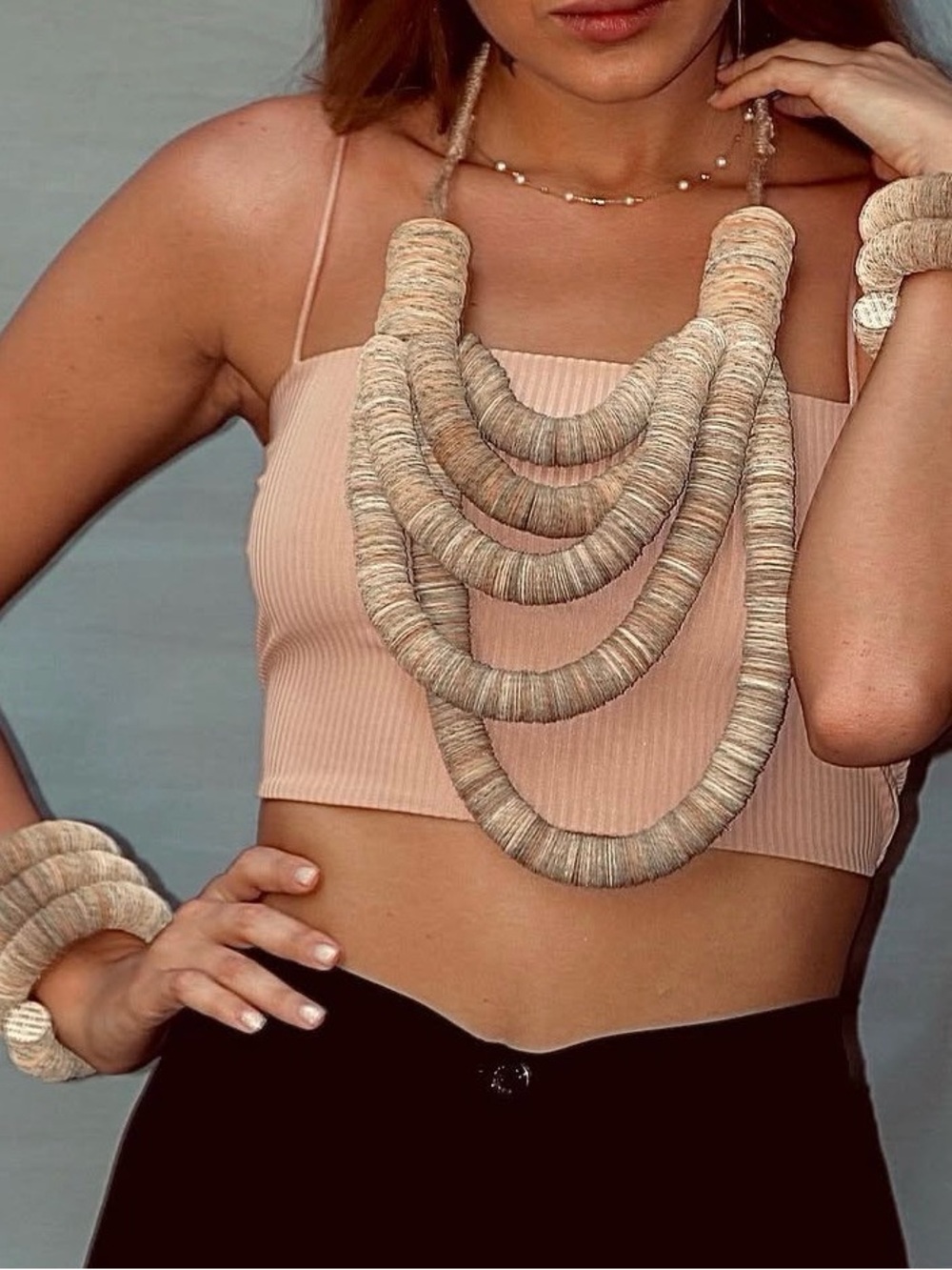 Statement Papercut Necklace Sarah Baqa Multi-Strand Natural Fiber